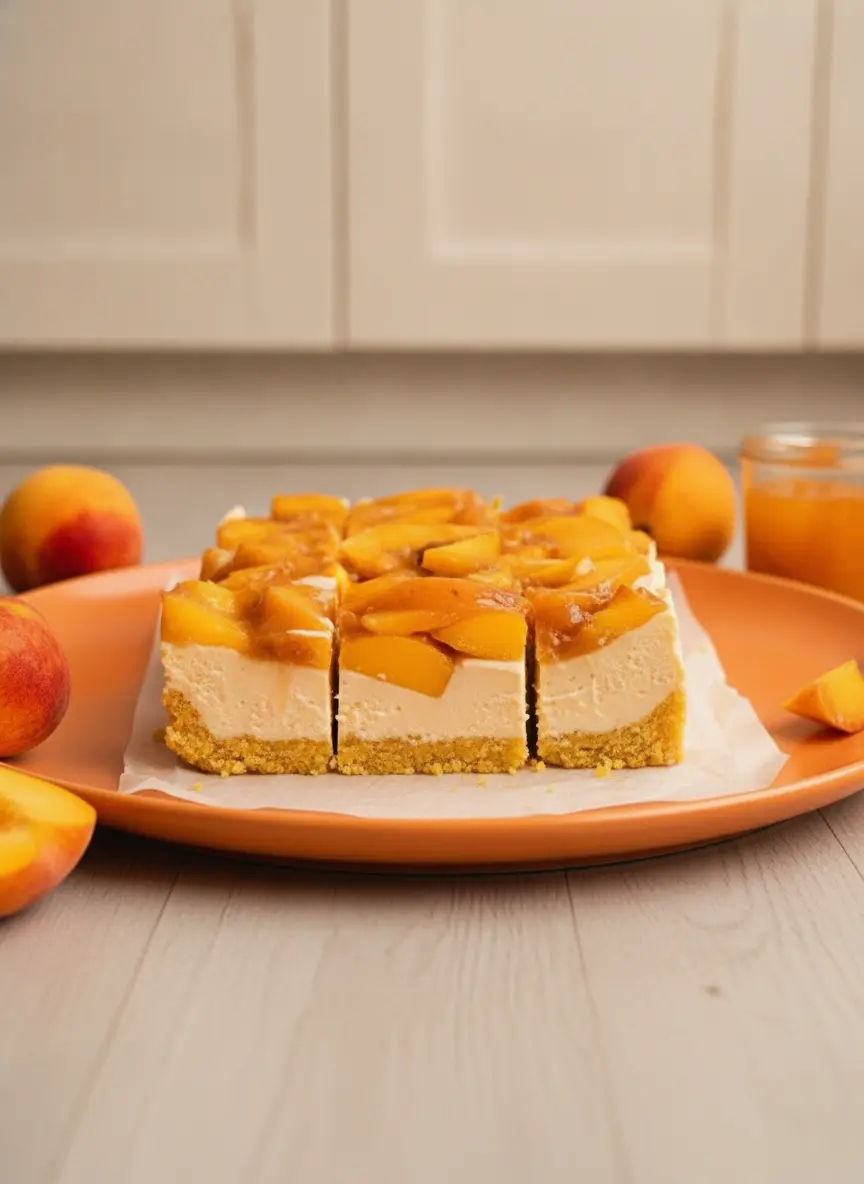 A process shot showing the creamy white cheesecake filling being smoothed into a rectangular pan lined with parchment paper. The golden crust is visible at the bottom edges. The scene is clean and tidy on a marble countertop with the signature wooden board in the background. 3:4 aspect ratio.