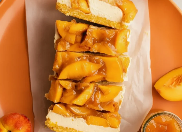 A high-angle hero shot of several rectangular Peach Cheesecake (No Bake and Vegan) bars arranged on a piece of crinkled parchment paper. The bars show three distinct layers: a golden crumb base, a thick creamy white filling, and a generous topping of vibrant orange sliced peaches in a glossy syrup. The scene is set on a marble countertop with soft morning light from the side, a wooden cutting board partially visible, and a small glass jar of peach preserves in the background. 4:3 aspect ratio.