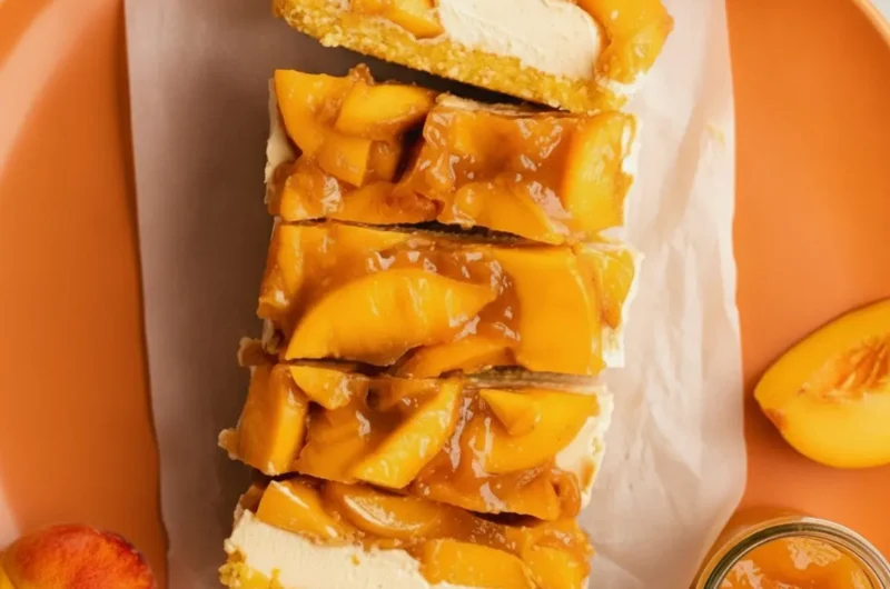 A high-angle hero shot of several rectangular Peach Cheesecake (No Bake and Vegan) bars arranged on a piece of crinkled parchment paper. The bars show three distinct layers: a golden crumb base, a thick creamy white filling, and a generous topping of vibrant orange sliced peaches in a glossy syrup. The scene is set on a marble countertop with soft morning light from the side, a wooden cutting board partially visible, and a small glass jar of peach preserves in the background. 4:3 aspect ratio.