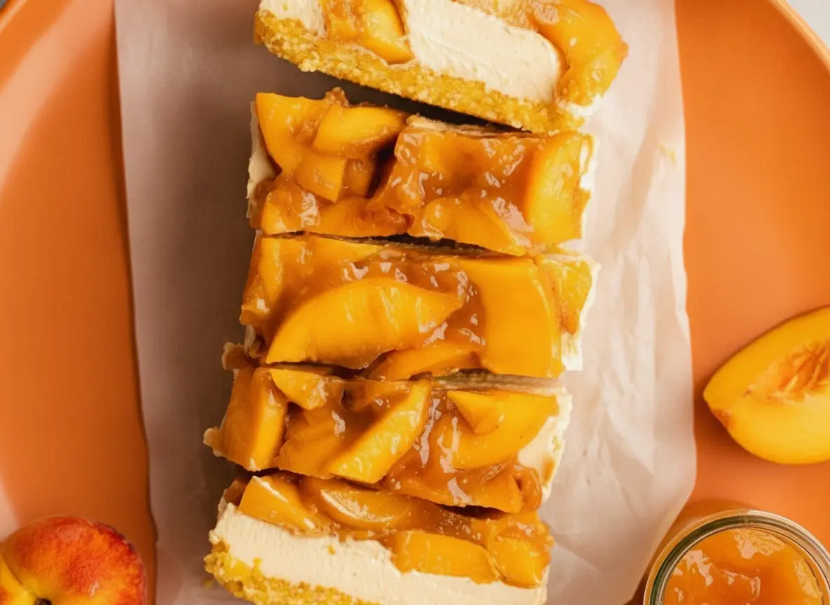 A high-angle hero shot of several rectangular Peach Cheesecake (No Bake and Vegan) bars arranged on a piece of crinkled parchment paper. The bars show three distinct layers: a golden crumb base, a thick creamy white filling, and a generous topping of vibrant orange sliced peaches in a glossy syrup. The scene is set on a marble countertop with soft morning light from the side, a wooden cutting board partially visible, and a small glass jar of peach preserves in the background. 4:3 aspect ratio.