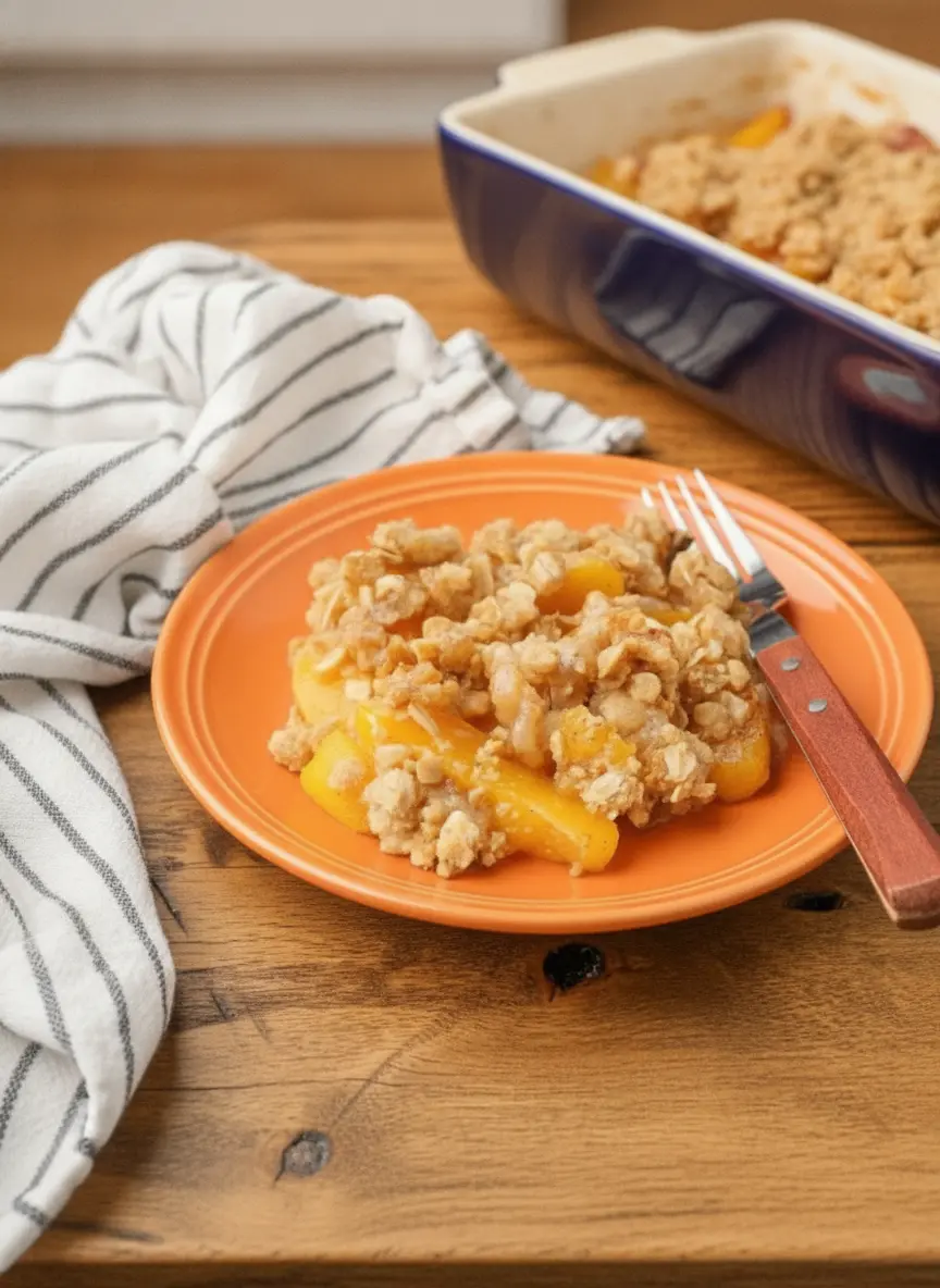 A close-up shot of a blue ceramic baking dish being filled with golden oat crumble topping over a layer of yellow peach slices. The focus is on the contrast between the dry, crumbly texture of the topping and the moist, syrupy fruit. No hands are visible. Shot on a marble surface with soft natural light.