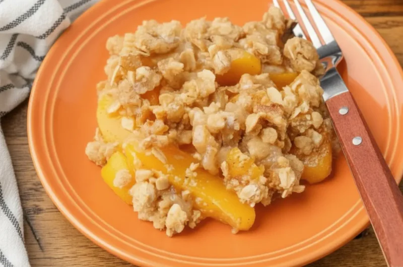 A high-angle hero shot of a portion of peach crisp on a minimalist white plate. The crisp features bright yellow sliced peaches topped with a thick, chunky golden-brown oat crumble. A wooden-handled fork rests on the plate. In the blurred background, a deep blue rectangular ceramic baking dish sits on a wooden table with a black and white striped kitchen towel nearby. Soft morning light from an east window creates gentle shadows and warm tones.