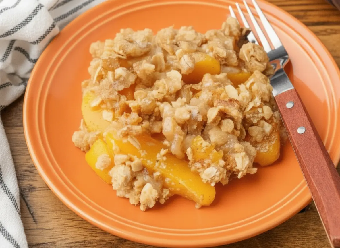 A high-angle hero shot of a portion of peach crisp on a minimalist white plate. The crisp features bright yellow sliced peaches topped with a thick, chunky golden-brown oat crumble. A wooden-handled fork rests on the plate. In the blurred background, a deep blue rectangular ceramic baking dish sits on a wooden table with a black and white striped kitchen towel nearby. Soft morning light from an east window creates gentle shadows and warm tones.