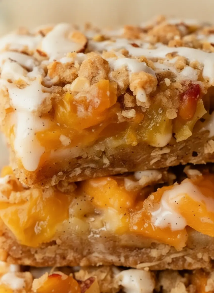 A top-down shot of the ingredients for Peach Pie Crumb Bars on a marble countertop. A wooden cutting board holds sliced fresh peaches, while ceramic bowls contain rolled oats, sliced almonds, and cubes of cold butter. Fresh herbs sit in a small vase in the background under bright, natural light.
