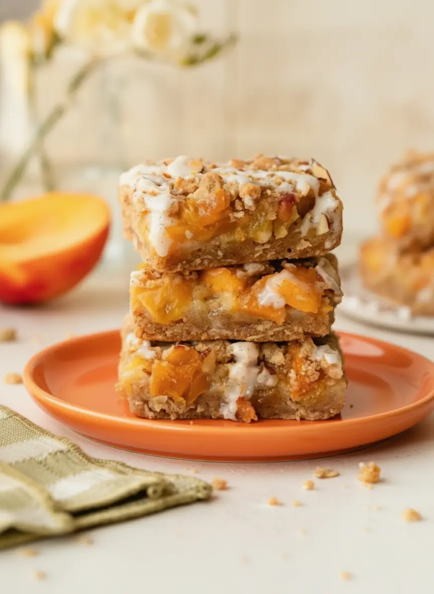 A process shot of the Peach Pie Crumb Bars in a rectangular baking pan. The peach filling layer is visible, and the almond-oat crumble mixture is being sprinkled evenly across the top. The scene is shot on a marble surface with soft shadows and a clean, minimalist presentation.