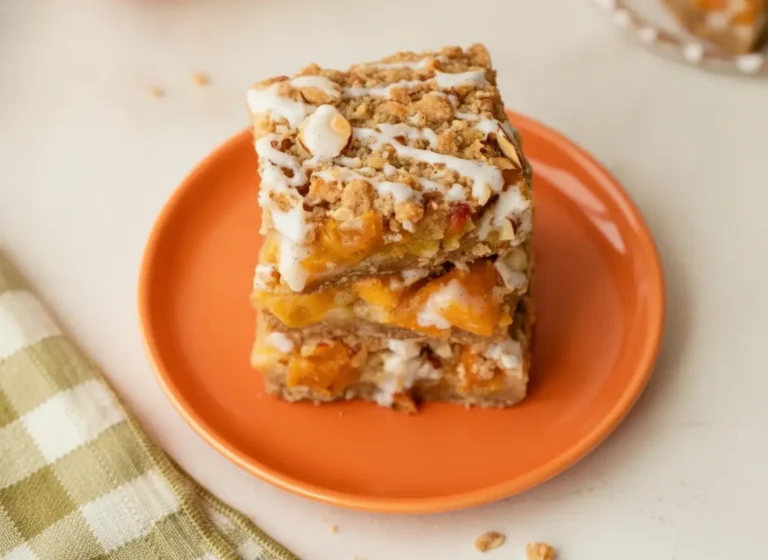 A hero shot of three Peach Pie Crumb Bars stacked on a vibrant orange ceramic plate, showing thick layers of orange peach chunks and a heavy white vanilla glaze dripping down the sides. The bars have a visible almond and oat crumble topping. Set on a white marble countertop with a green checkered napkin and a fresh peach in the soft-focus background. Natural morning light from an east window creates soft shadows.