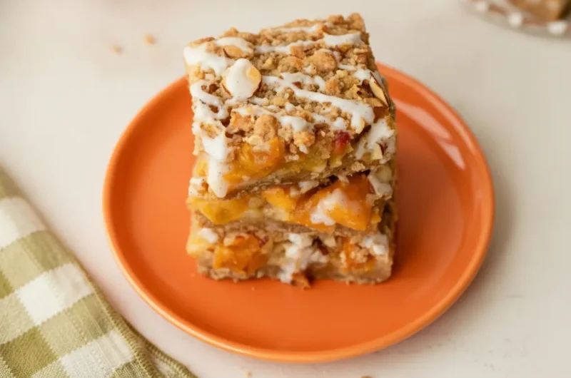 A hero shot of three Peach Pie Crumb Bars stacked on a vibrant orange ceramic plate, showing thick layers of orange peach chunks and a heavy white vanilla glaze dripping down the sides. The bars have a visible almond and oat crumble topping. Set on a white marble countertop with a green checkered napkin and a fresh peach in the soft-focus background. Natural morning light from an east window creates soft shadows.