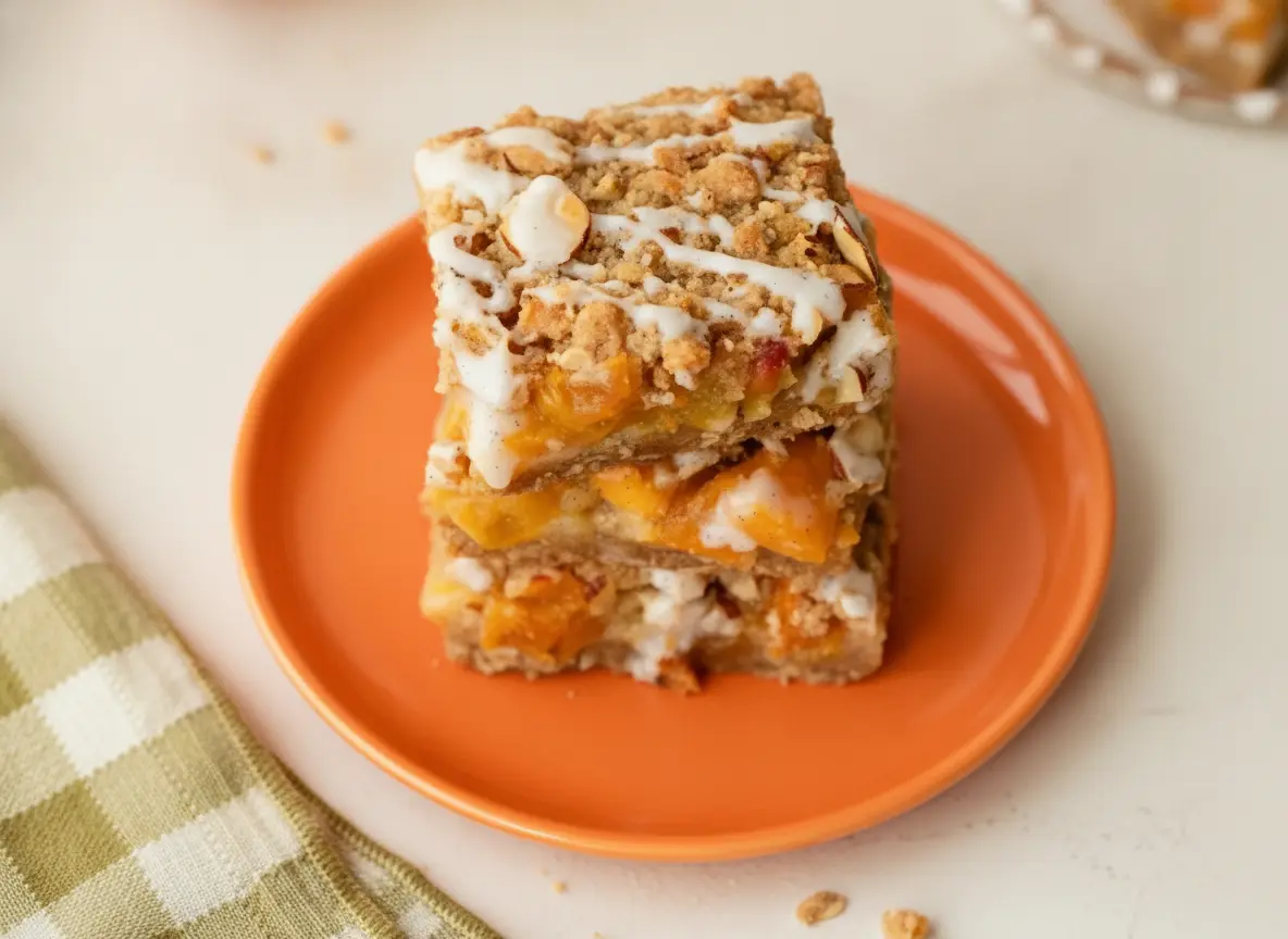 A hero shot of three Peach Pie Crumb Bars stacked on a vibrant orange ceramic plate, showing thick layers of orange peach chunks and a heavy white vanilla glaze dripping down the sides. The bars have a visible almond and oat crumble topping. Set on a white marble countertop with a green checkered napkin and a fresh peach in the soft-focus background. Natural morning light from an east window creates soft shadows.