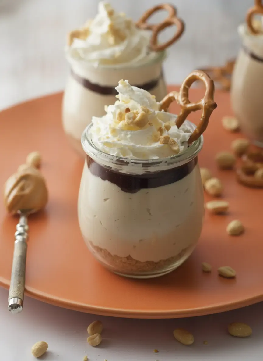 A process shot showing three glass jars being filled. One jar has just the pretzel base, the second has the base and the peanut butter cheesecake layer being smoothed, and the third is waiting for the chocolate ganache. The filling is thick and creamy with visible peanut butter swirls. The scene is tidy and minimalist, shot from a 45-degree angle on a white marble surface.