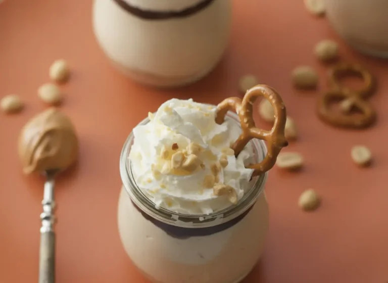 A high-angle hero shot of a Peanut Butter Protein Cheesecake Cup in a small tulip-shaped glass jar, sitting on a matte orange terracotta plate. The jar shows clear layers: a golden-brown crushed pretzel crust, a thick pale-tan peanut butter cheesecake filling, and a dark chocolate ganache layer. It is topped with a tall swirl of white whipped cream, crushed peanuts, and a single whole salted pretzel standing upright. The setting is a bright kitchen with marble countertops and soft morning light from an east-facing window. Scattered peanuts and pretzels are on the plate around the jar.