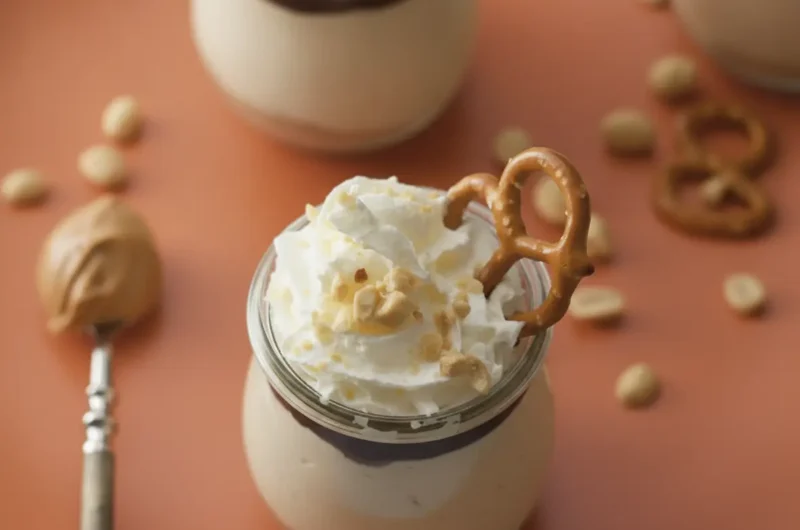 A high-angle hero shot of a Peanut Butter Protein Cheesecake Cup in a small tulip-shaped glass jar, sitting on a matte orange terracotta plate. The jar shows clear layers: a golden-brown crushed pretzel crust, a thick pale-tan peanut butter cheesecake filling, and a dark chocolate ganache layer. It is topped with a tall swirl of white whipped cream, crushed peanuts, and a single whole salted pretzel standing upright. The setting is a bright kitchen with marble countertops and soft morning light from an east-facing window. Scattered peanuts and pretzels are on the plate around the jar.