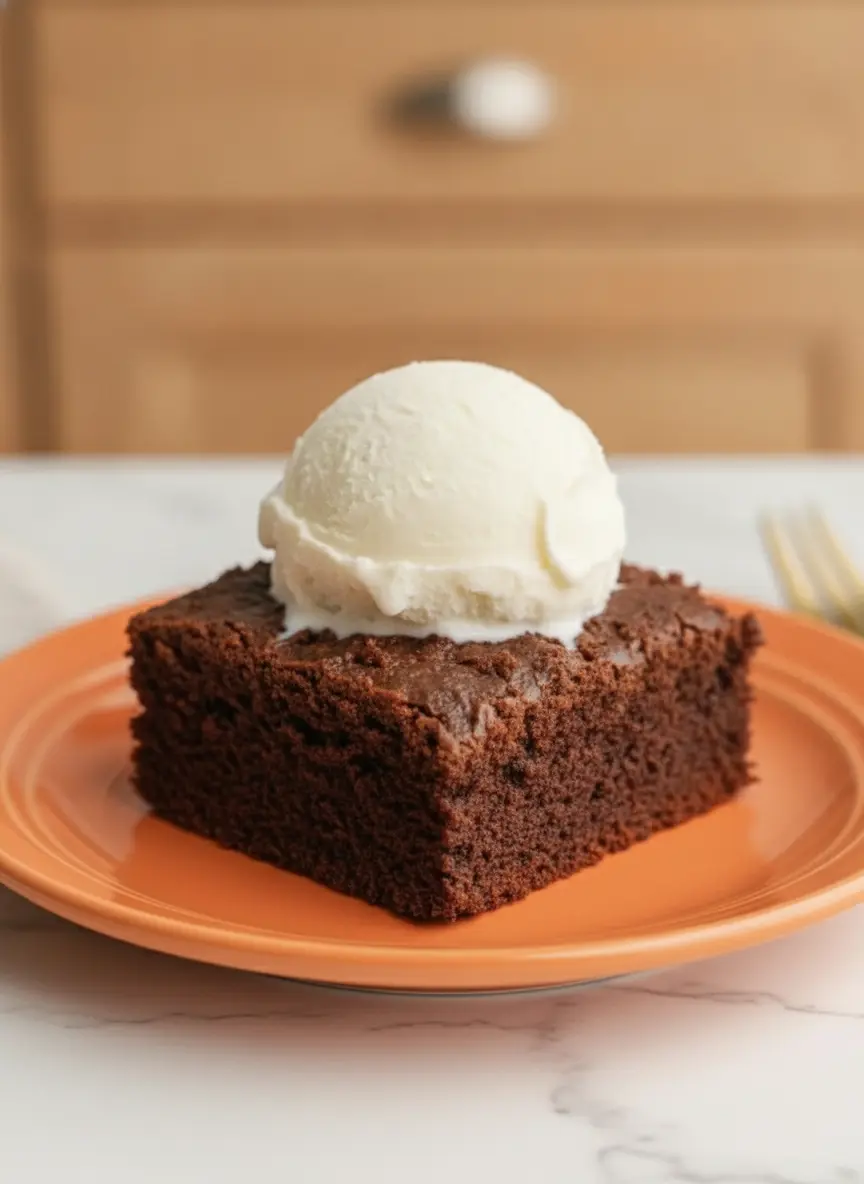A glass baking dish containing dark, liquid chocolate cake batter. The top is being covered with a rustic, uneven layer of chocolate-coated cereal and semi-sweet chocolate chips. The focus is on the contrast between the smooth batter and the textured topping. Shot in a bright kitchen with natural light. Warm, inviting atmosphere, 3:4 aspect ratio, no hands, no people.