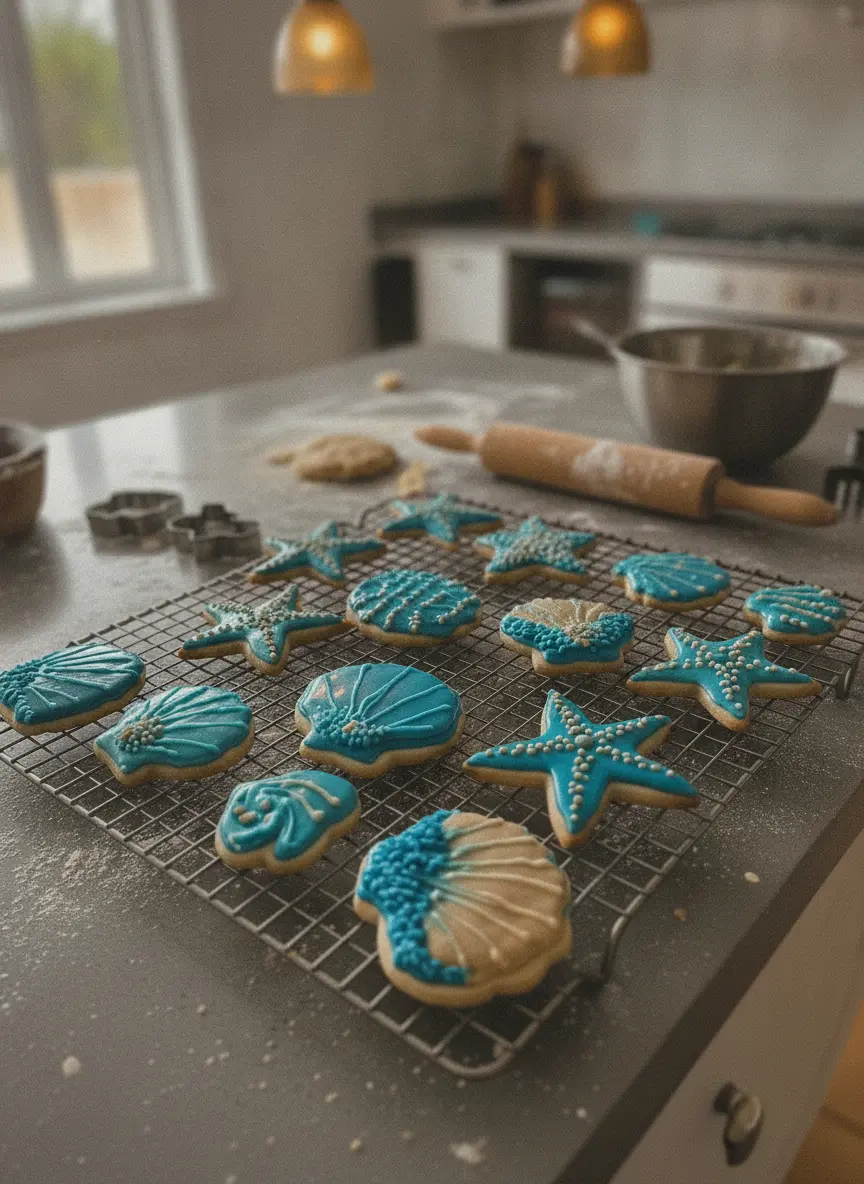 A close-up process shot of sea cookies dough being scooped onto a parchment-lined baking sheet. The dough is rich and dark with chocolate shards. The baking sheet sits on the signature wooden cutting board. No hands or people are visible. Soft shadows and warm tones throughout. 3:4 aspect ratio.