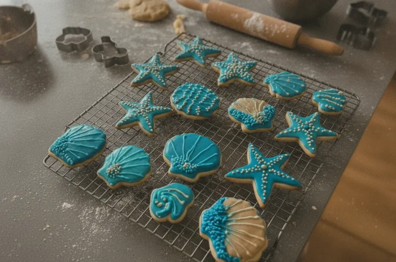 A hero shot of a stack of golden-brown sea cookies with visible chocolate pools and large flakes of sea salt on top, resting on a minimalist white ceramic plate. The plate is set on a white marble countertop with a wooden cutting board nearby. Soft morning light from an east-facing window creates gentle shadows. Fresh herbs are blurred in the background. 4:3 aspect ratio.