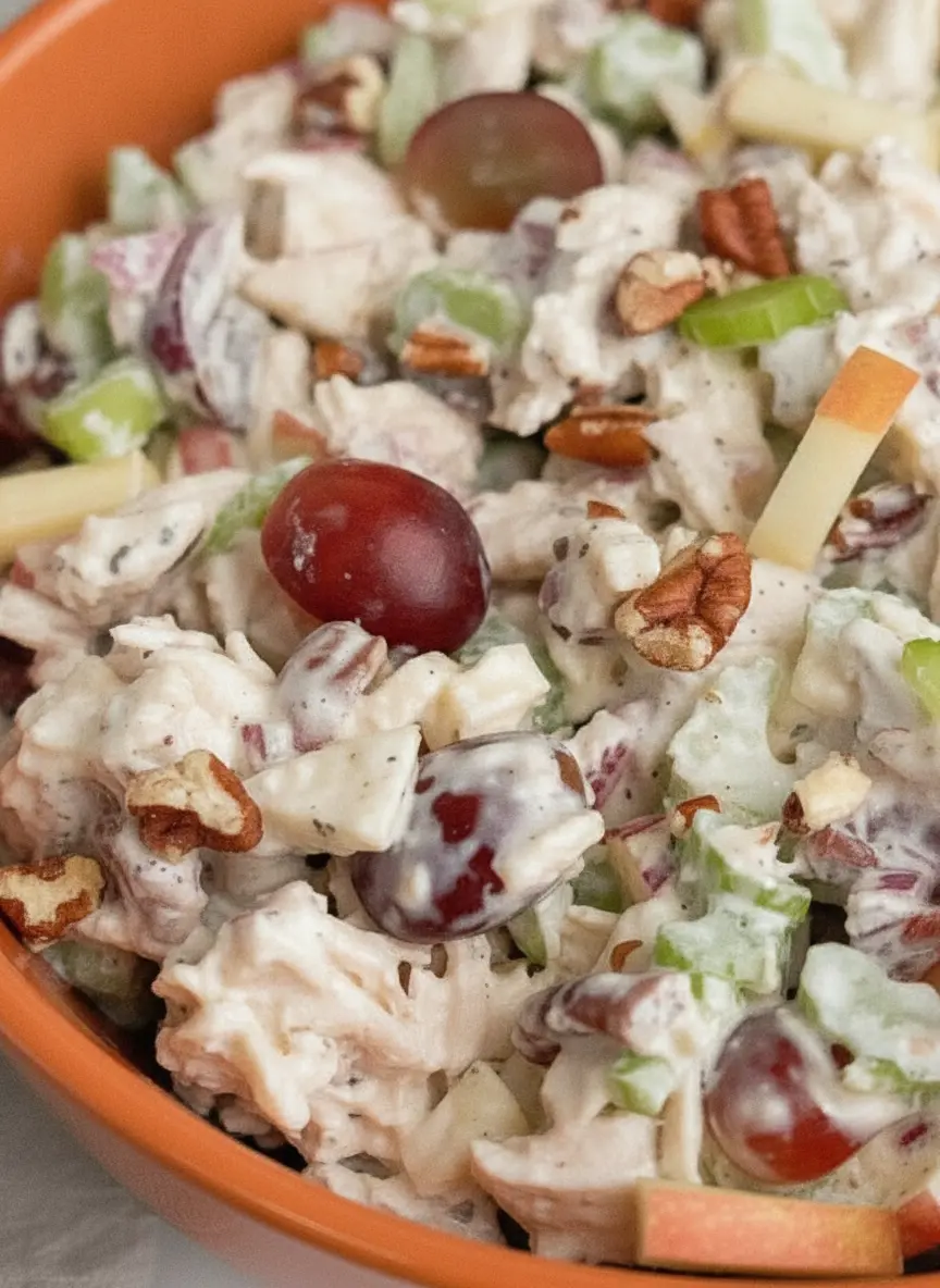 Ingredient prep focus: Diced Fuji apples with skin on, halved red grapes, and thinly sliced celery arranged on a wooden cutting board. A small ceramic bowl of creamy white dressing and a pile of toasted pecans are nearby on a marble countertop. Natural, soft lighting highlights the fresh textures. No hands or people.