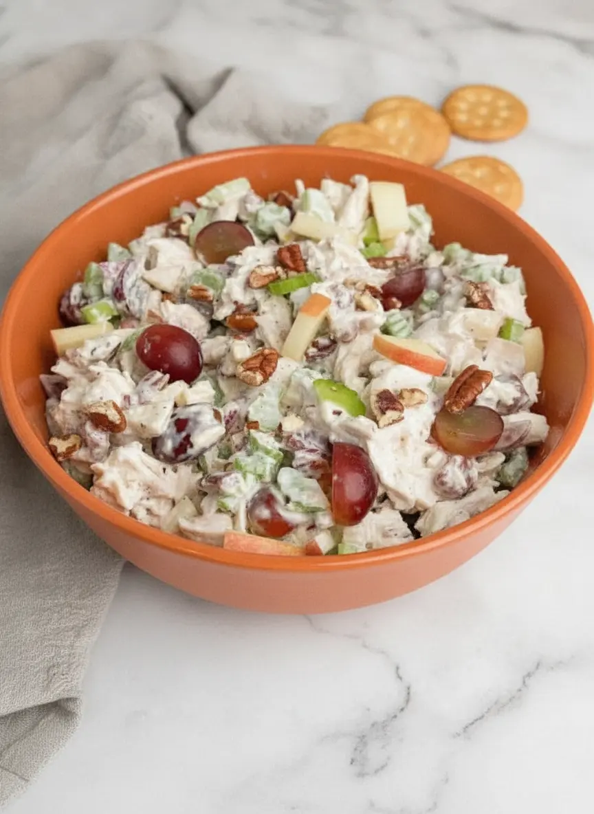 Process focus: A large glass bowl containing shredded chicken, grapes, and apples, with a creamy dressing being folded in. The focus is on the creamy texture and the vibrant colors of the fruit. Minimalist kitchen setting with a marble background and warm tones. No hands or people.