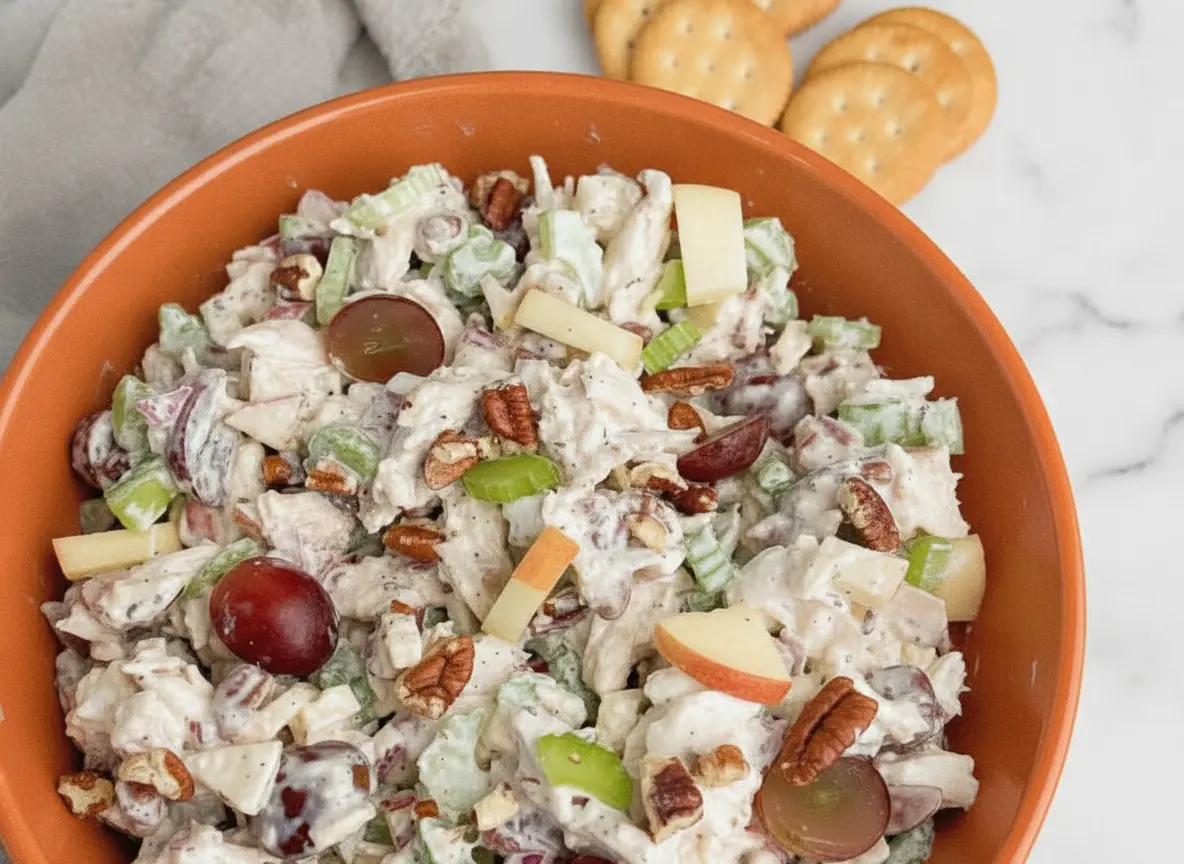 A hero shot of Waldorf Chicken Salad in a large glass bowl placed on a white marble countertop. The salad contains shredded chicken, prominent halved red grapes, bright green celery slices, and skin-on apple chunks, all coated in a creamy white dressing and topped with toasted pecan pieces. In the background, a stack of golden round crackers sits on a white ceramic plate. Soft, warm morning light streams in from an east window, creating gentle shadows and a cozy, bright atmosphere. No hands or people.