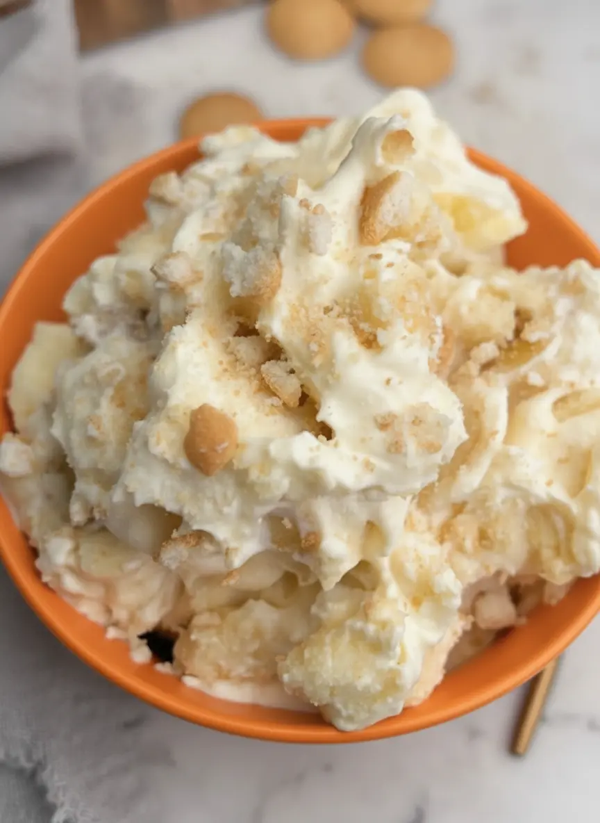 A 3:4 vertical shot focusing on the ingredients for Pound Cake Banana Pudding. A pile of golden, cubed pound cake sits on a rustic wooden cutting board next to a bunch of yellow bananas with light brown spots. A small ceramic bowl of crushed vanilla wafers is nearby. The scene is set on a marble countertop with soft, natural light and clean presentation.