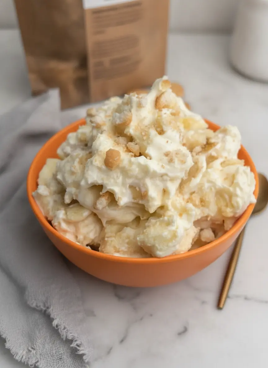 A 3:4 process shot showing the layering of Pound Cake Banana Pudding. A white ceramic bowl is half-filled with layers of cake cubes, banana slices, and thick, pale yellow vanilla custard. A wooden spoon rests on the marble counter nearby. The focus is on the distinct textures of the cream and the cake. No people or hands are visible.