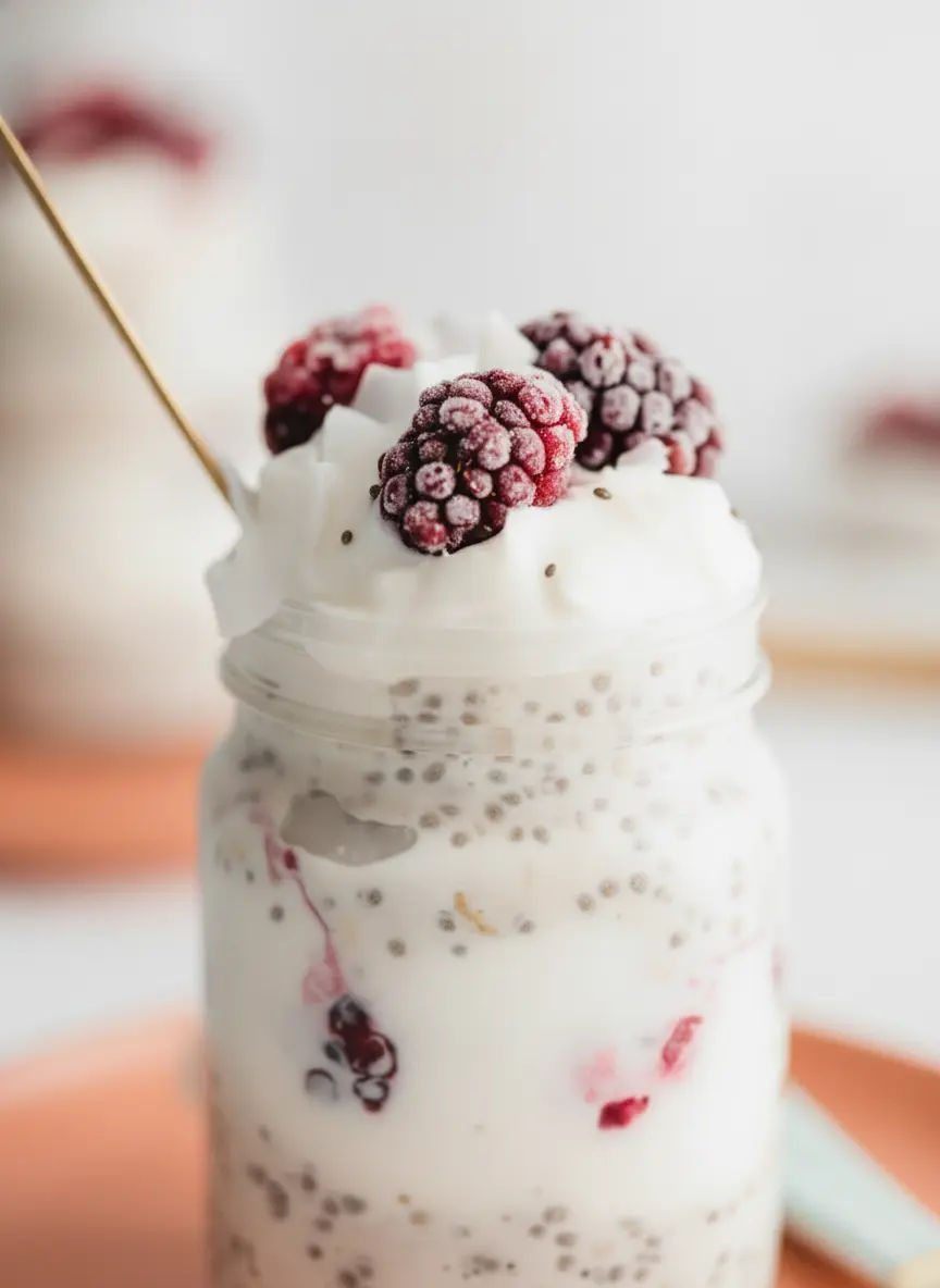 A prep-focused shot on a marble countertop featuring a wooden cutting board. On the board sits a glass jar with dry rolled oats, a small bowl of chia seeds, and a carton of coconut milk. Fresh herbs are blurred in the background with warm, soft shadows. 3:4 aspect ratio.