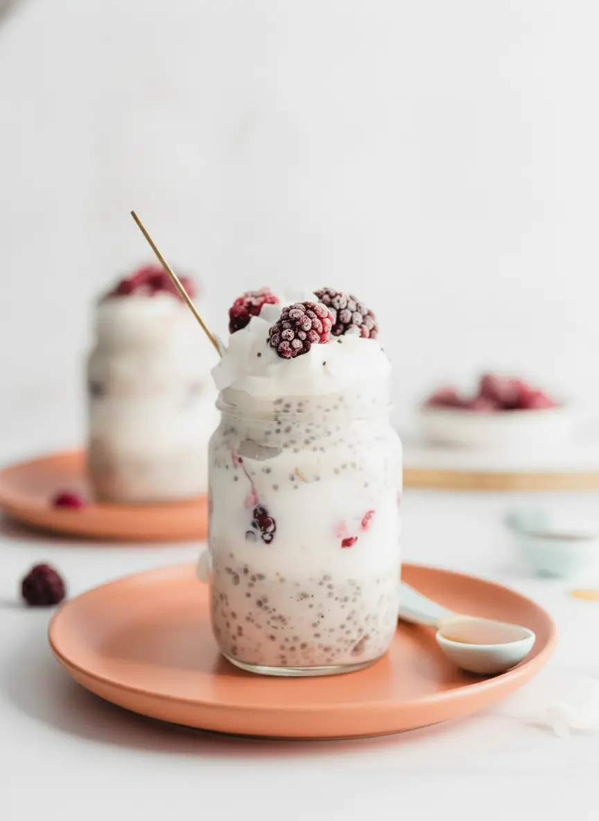 A technique-focused shot showing the process of stirring the Protein Overnight Oats With Coconut Milk in a glass jar. The mixture is creamy white with visible chia seeds and vibrant streaks of purple berry juice beginning to swirl. No hands are visible. 3:4 aspect ratio.
