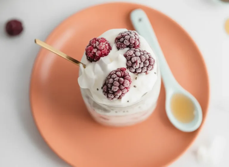 A hero shot of a glass mason jar filled with Protein Overnight Oats With Coconut Milk, featuring visible purple and red swirls from frozen berries. The jar is topped with frosty blackberries and white coconut flakes. A thin wooden spoon is inserted at an angle. The setting is a bright kitchen with marble countertops, wood accents, and soft morning light from an east-facing window. 4:3 aspect ratio.
