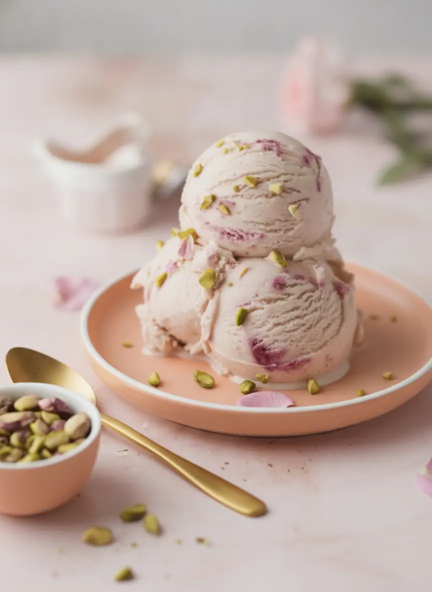 A process shot showing the Rose Pistachio Cheesecake Ice Cream base in a white ceramic dish. A butter knife is mid-swirl, creating elegant magenta ribbons through the thick, pale pink cream cheese mixture. Visible chunks of green pistachios are partially submerged. The focus is on the beautiful marble effect and the creamy texture, set against a clean marble surface.