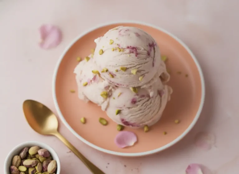 A hero shot of two large, perfectly round scoops of Rose Pistachio Cheesecake Ice Cream stacked on a minimalist coral-pink ceramic plate. The ice cream is a pale pastel pink with visible deep magenta swirls and a generous sprinkle of crushed bright green pistachios. A gold spoon rests beside the plate on a white marble countertop with soft morning light coming from the side. In the background, a small white ceramic bowl of extra pistachios and a few soft pink rose petals are scattered artistically. The scene is warm, clean, and elegant.