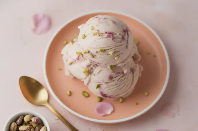 A hero shot of two large, perfectly round scoops of Rose Pistachio Cheesecake Ice Cream stacked on a minimalist coral-pink ceramic plate. The ice cream is a pale pastel pink with visible deep magenta swirls and a generous sprinkle of crushed bright green pistachios. A gold spoon rests beside the plate on a white marble countertop with soft morning light coming from the side. In the background, a small white ceramic bowl of extra pistachios and a few soft pink rose petals are scattered artistically. The scene is warm, clean, and elegant.