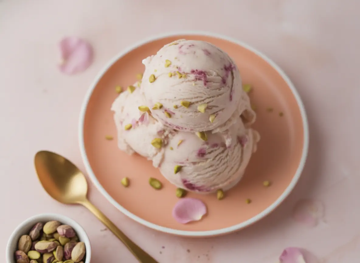 A hero shot of two large, perfectly round scoops of Rose Pistachio Cheesecake Ice Cream stacked on a minimalist coral-pink ceramic plate. The ice cream is a pale pastel pink with visible deep magenta swirls and a generous sprinkle of crushed bright green pistachios. A gold spoon rests beside the plate on a white marble countertop with soft morning light coming from the side. In the background, a small white ceramic bowl of extra pistachios and a few soft pink rose petals are scattered artistically. The scene is warm, clean, and elegant.