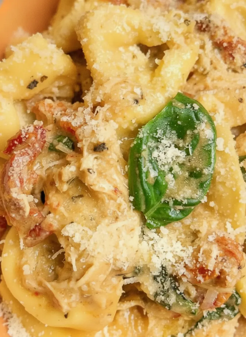 A top-down shot of the ingredients for Slow Cooker Marry Me Tortellini arranged on a rustic wooden cutting board and marble surface. Included are a jar of sun-dried tomatoes, a block of parmesan cheese, fresh garlic cloves, and a bowl of uncooked cheese tortellini. Soft, warm natural light illuminates the scene.