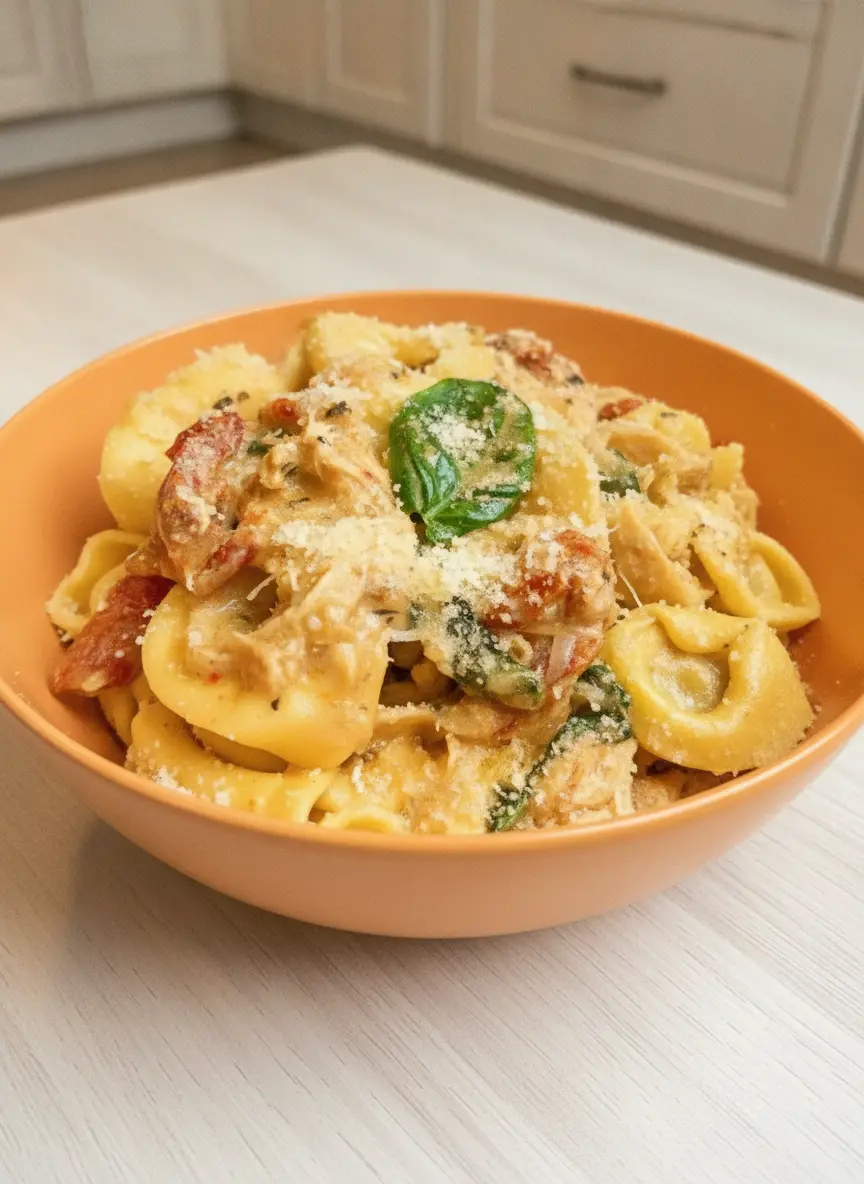 A close-up process shot inside a slow cooker ceramic insert. Shredded chicken is being mixed with cheese tortellini and a pour of heavy cream into a simmering sun-dried tomato sauce. No hands are visible. The scene is bright and highlights the creamy texture of the sauce.