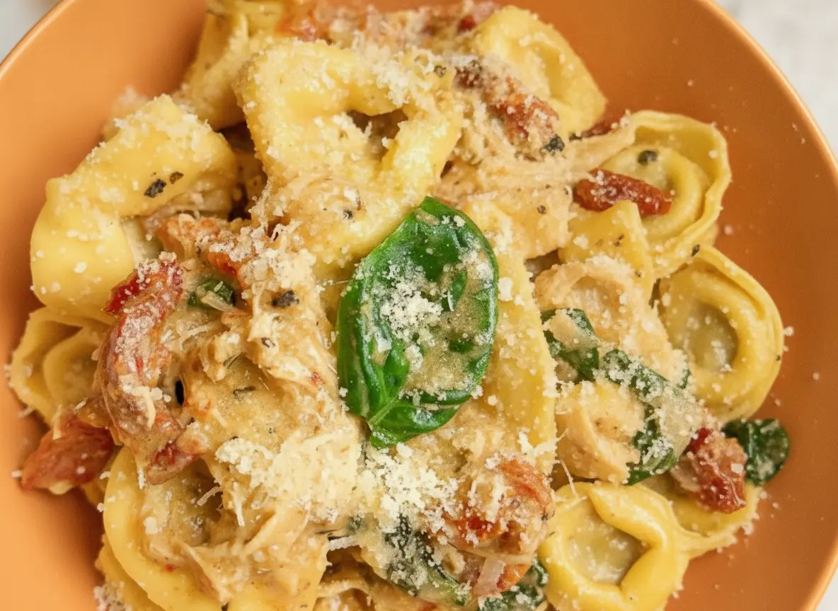A high-angle hero shot of a white bowl filled with Slow Cooker Marry Me Tortellini. The pasta is cheese-filled tortellini coated in a thick, creamy orange-tinted sauce with visible bits of red sun-dried tomatoes and wilted green spinach. A gold fork rests in the bowl, lifting a single tortellini. The bowl sits on a white marble countertop next to a wooden cutting board with fresh basil leaves. Natural morning light creates soft shadows and warm tones.