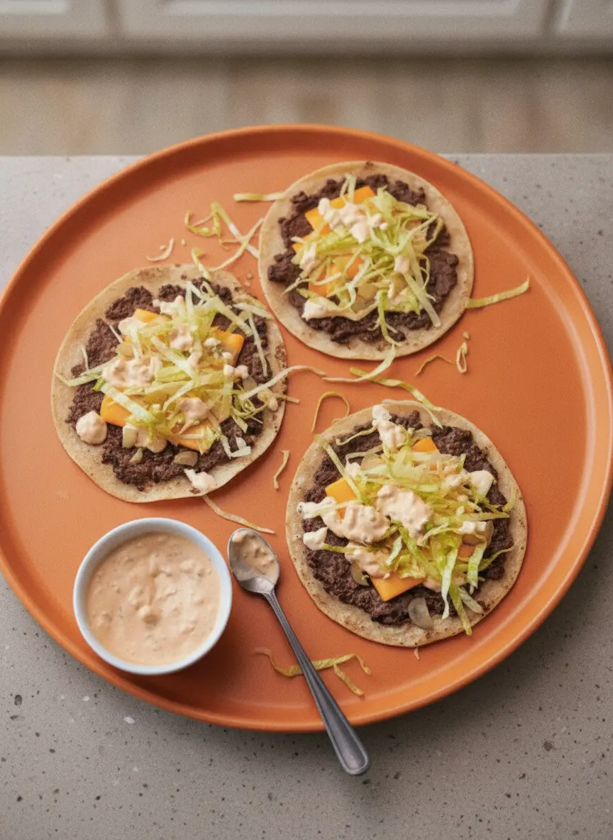 A 3:4 process shot of a cast iron skillet on a marble stovetop. Inside, a flour tortilla is being pressed down onto a beef patty with a heavy metal spatula. The edges of the beef are starting to brown and sizzle, with a hint of steam rising. No hands are visible.
