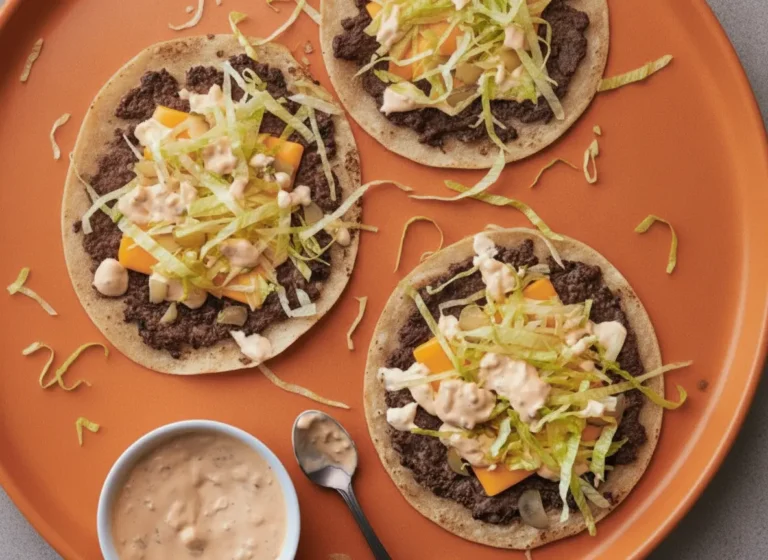 A high-angle 4:3 hero shot of three Smash Burger Tacos on brown parchment paper. The tacos feature thin, crispy-edged beef pressed into flour tortillas, topped with melted orange American cheese, finely shredded iceberg lettuce, and a drizzle of creamy orange-pink burger sauce. A white ceramic bowl of extra sauce with a silver spoon sits nearby on a white marble countertop. Natural morning light creates soft shadows and highlights the textures of the meat and lettuce.