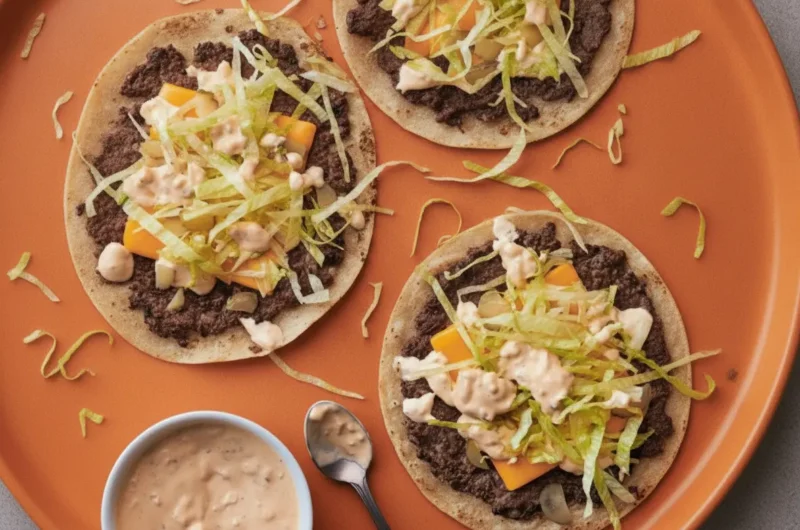A high-angle 4:3 hero shot of three Smash Burger Tacos on brown parchment paper. The tacos feature thin, crispy-edged beef pressed into flour tortillas, topped with melted orange American cheese, finely shredded iceberg lettuce, and a drizzle of creamy orange-pink burger sauce. A white ceramic bowl of extra sauce with a silver spoon sits nearby on a white marble countertop. Natural morning light creates soft shadows and highlights the textures of the meat and lettuce.