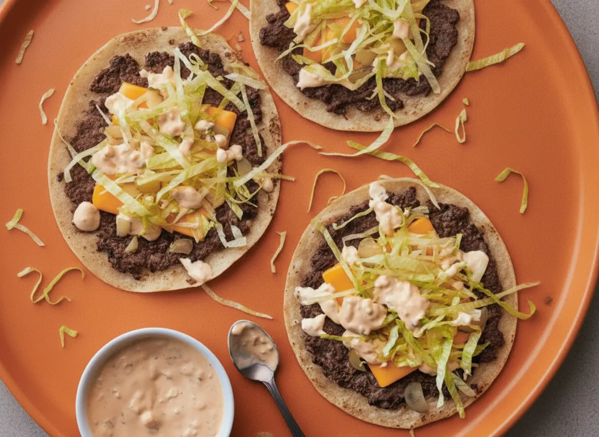 A high-angle 4:3 hero shot of three Smash Burger Tacos on brown parchment paper. The tacos feature thin, crispy-edged beef pressed into flour tortillas, topped with melted orange American cheese, finely shredded iceberg lettuce, and a drizzle of creamy orange-pink burger sauce. A white ceramic bowl of extra sauce with a silver spoon sits nearby on a white marble countertop. Natural morning light creates soft shadows and highlights the textures of the meat and lettuce.