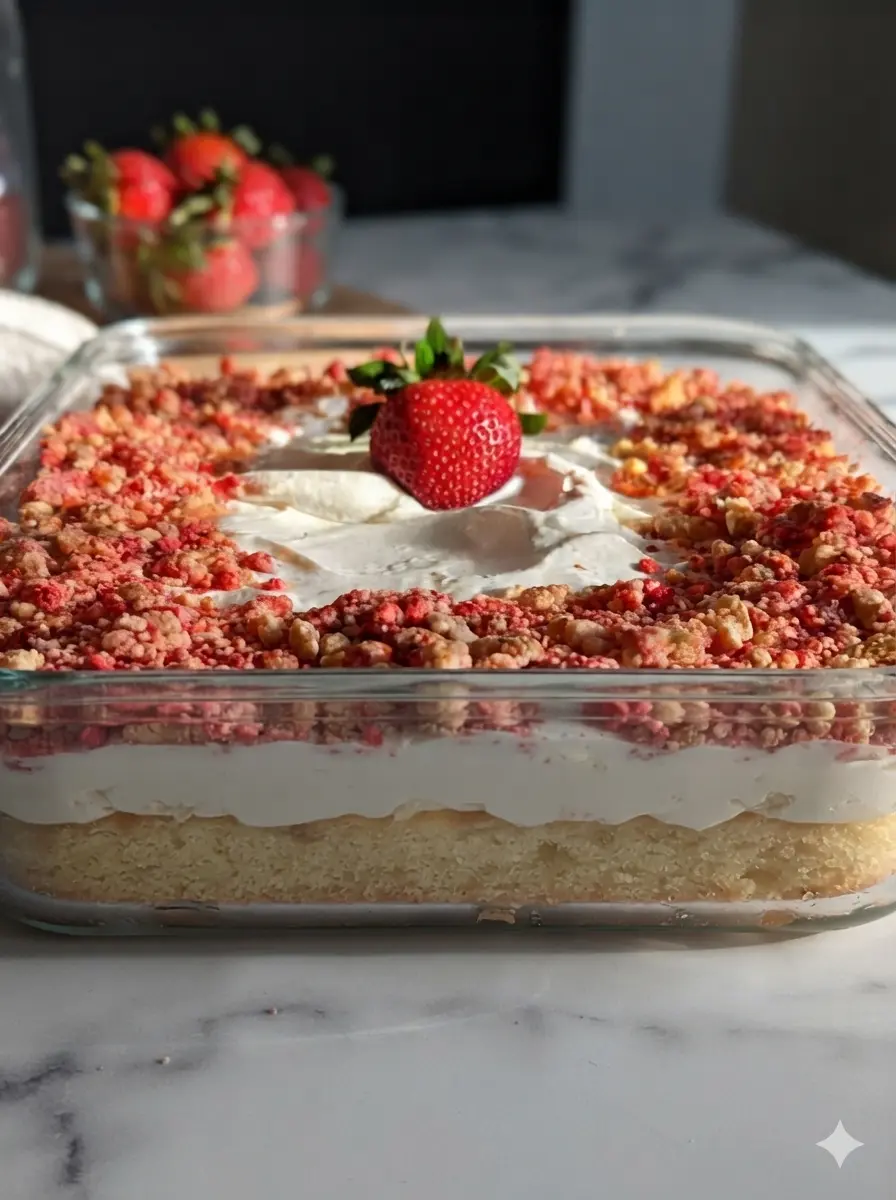 A 3:4 technique shot showing a white ceramic bowl filled with the red and tan strawberry crumble mixture. A wooden spoon rests in the bowl, highlighting the sugary, crunchy texture. Soft shadows fall across the marble surface, maintaining a clean and tidy presentation.