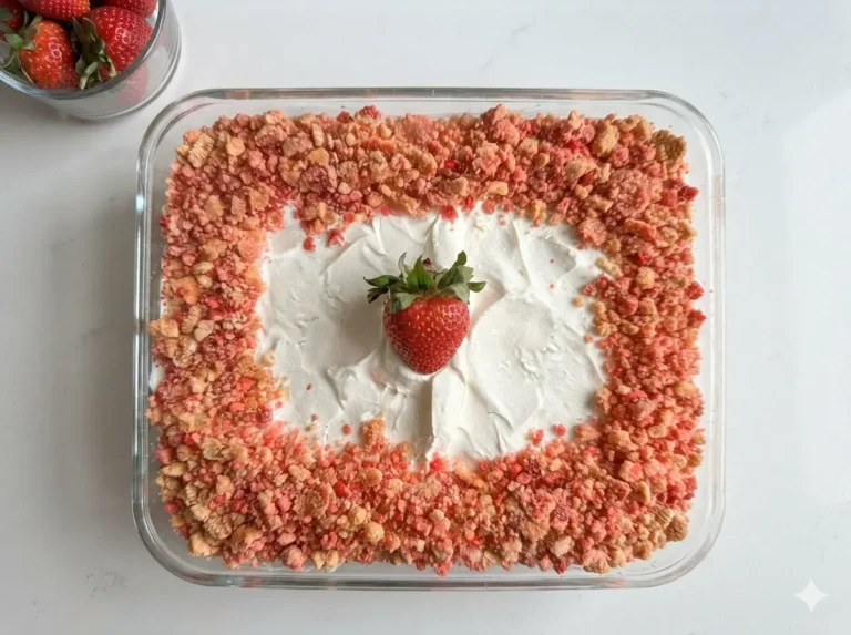 A high-angle 4:3 hero shot of a glass rectangular baking dish on a marble countertop. The dish is filled with a thick, snowy white whipped cheesecake filling. A vibrant border of red and tan strawberry shortcake crumble lines the interior edges. A single, bright red fresh strawberry with green leaves is placed perfectly in the center. Natural morning light from an east window creates soft shadows. In the background, a small wooden cutting board and a ceramic bowl of fresh herbs are visible.