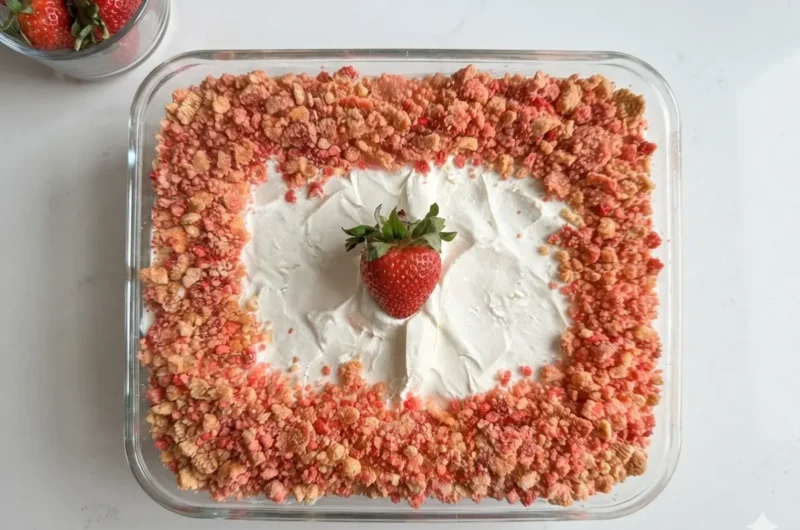 A high-angle 4:3 hero shot of a glass rectangular baking dish on a marble countertop. The dish is filled with a thick, snowy white whipped cheesecake filling. A vibrant border of red and tan strawberry shortcake crumble lines the interior edges. A single, bright red fresh strawberry with green leaves is placed perfectly in the center. Natural morning light from an east window creates soft shadows. In the background, a small wooden cutting board and a ceramic bowl of fresh herbs are visible.
