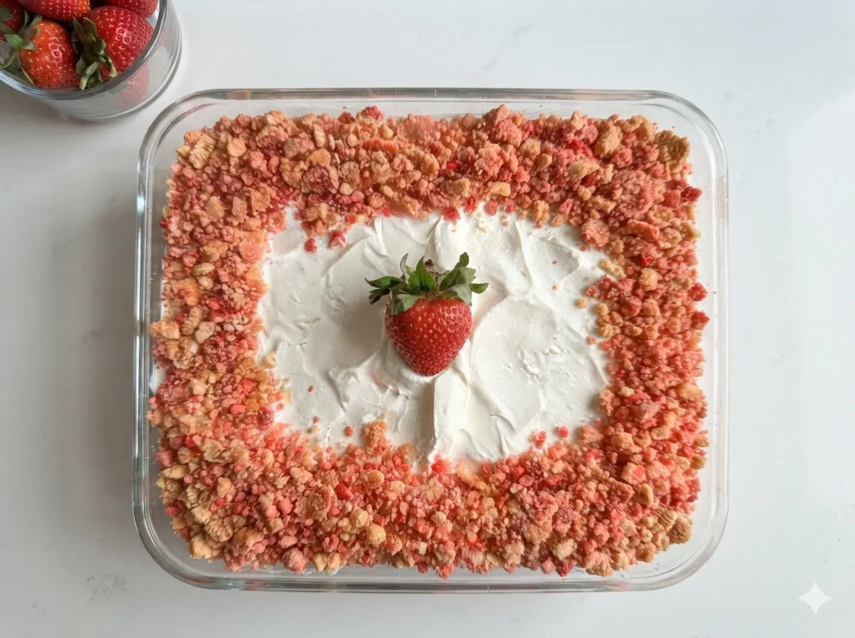A high-angle 4:3 hero shot of a glass rectangular baking dish on a marble countertop. The dish is filled with a thick, snowy white whipped cheesecake filling. A vibrant border of red and tan strawberry shortcake crumble lines the interior edges. A single, bright red fresh strawberry with green leaves is placed perfectly in the center. Natural morning light from an east window creates soft shadows. In the background, a small wooden cutting board and a ceramic bowl of fresh herbs are visible.