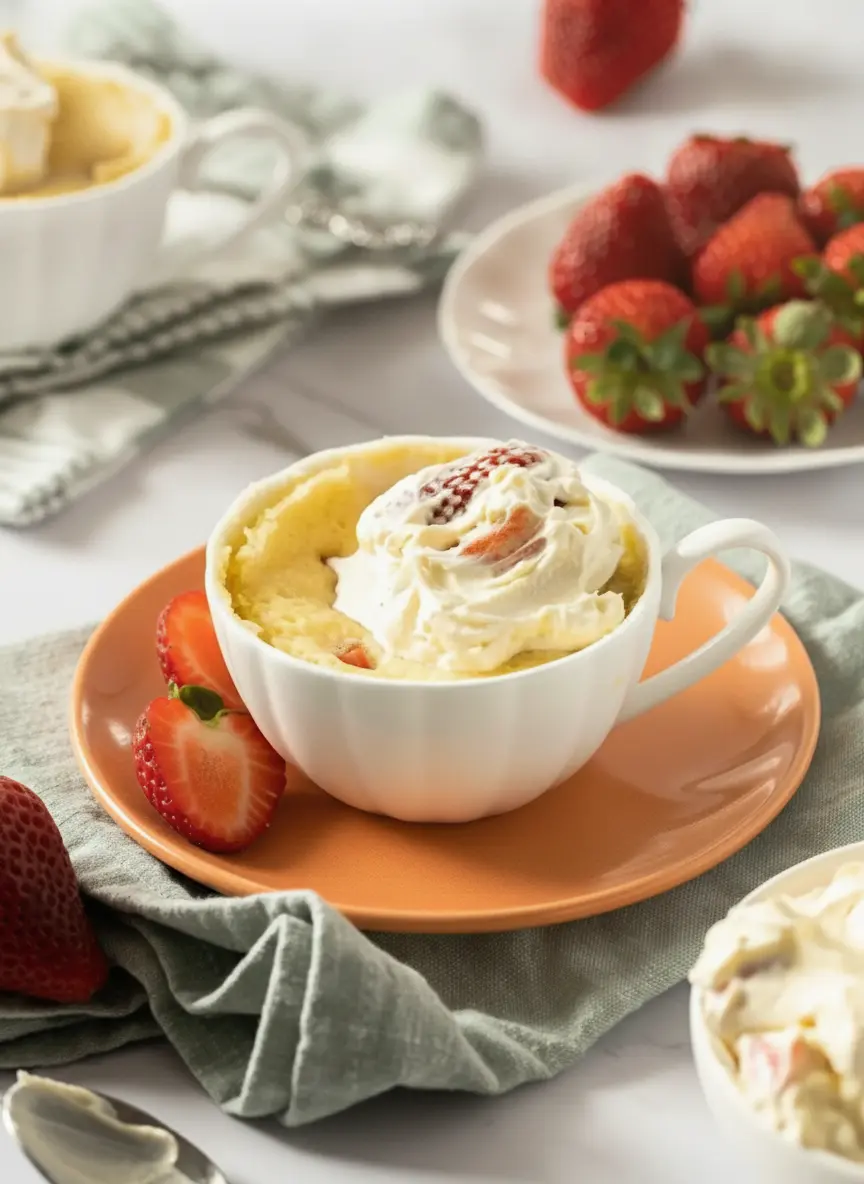 A 3:4 vertical shot showing the process of the batter inside the white fluted mug before cooking. The batter is a pale creamy yellow with visible chunks of strawberries peeking through. A small whisk rests against the side of the mug, which is sitting on a sage green napkin. The marble surface reflects the gentle morning light.