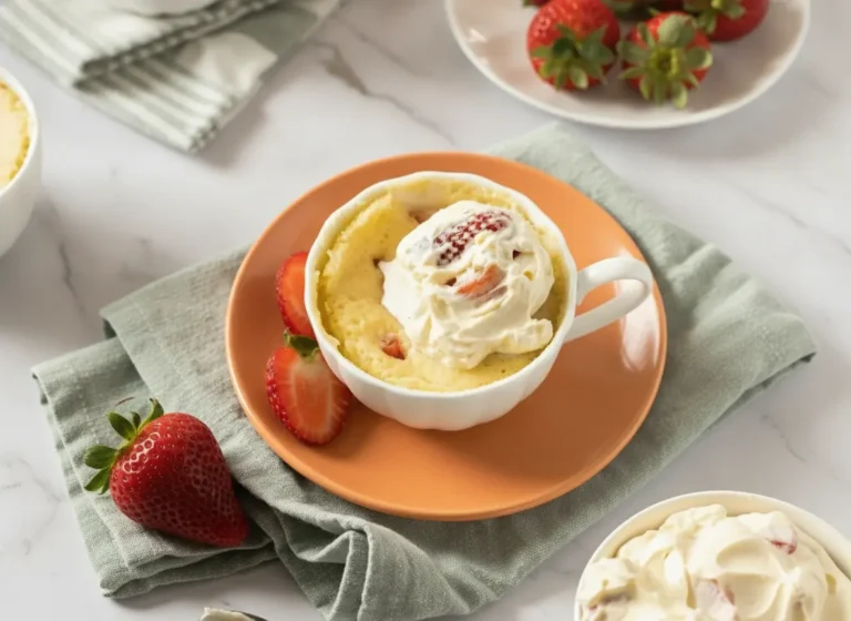 A 4:3 hero shot of a golden Strawberry Shortcake Mug Cake served in a white fluted ceramic teacup on a matching saucer. The cake is topped with a generous swirl of white whipped cream and one perfect sliced strawberry. The scene is set on a white marble countertop with soft, warm morning light coming from an east window. A sage green linen napkin and a vintage silver spoon are placed artfully to the side. Fresh whole strawberries are visible in a small white bowl in the blurred background.