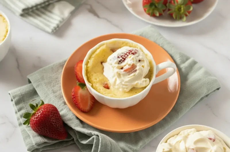 A 4:3 hero shot of a golden Strawberry Shortcake Mug Cake served in a white fluted ceramic teacup on a matching saucer. The cake is topped with a generous swirl of white whipped cream and one perfect sliced strawberry. The scene is set on a white marble countertop with soft, warm morning light coming from an east window. A sage green linen napkin and a vintage silver spoon are placed artfully to the side. Fresh whole strawberries are visible in a small white bowl in the blurred background.