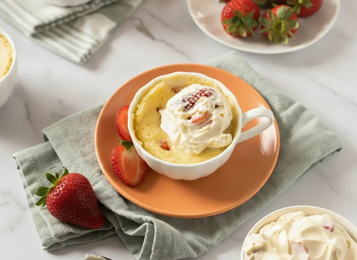 A 4:3 hero shot of a golden Strawberry Shortcake Mug Cake served in a white fluted ceramic teacup on a matching saucer. The cake is topped with a generous swirl of white whipped cream and one perfect sliced strawberry. The scene is set on a white marble countertop with soft, warm morning light coming from an east window. A sage green linen napkin and a vintage silver spoon are placed artfully to the side. Fresh whole strawberries are visible in a small white bowl in the blurred background.