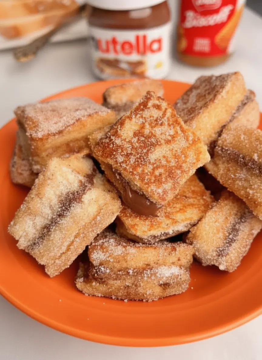 An ingredients and prep focus shot on a marble countertop featuring slices of thick brioche bread, a small bowl of cinnamon sugar, and jars of Nutella and Biscoff, organized neatly near a wooden cutting board, 3:4 aspect ratio.