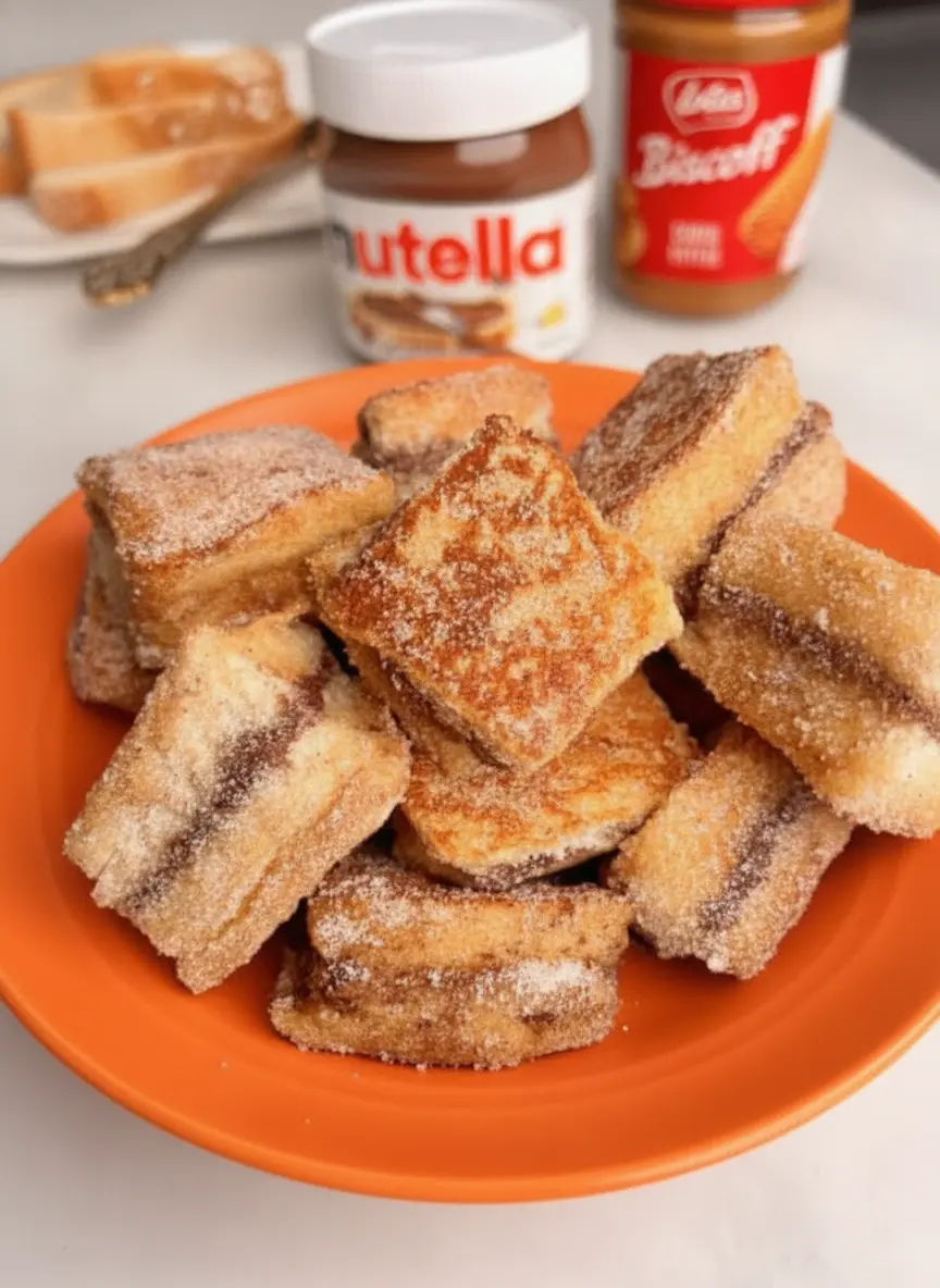 A process focus shot of small bread squares frying in a cast iron skillet with bubbling butter, showing the edges turning a deep golden brown, soft steam rising, no hands visible, 3:4 aspect ratio.