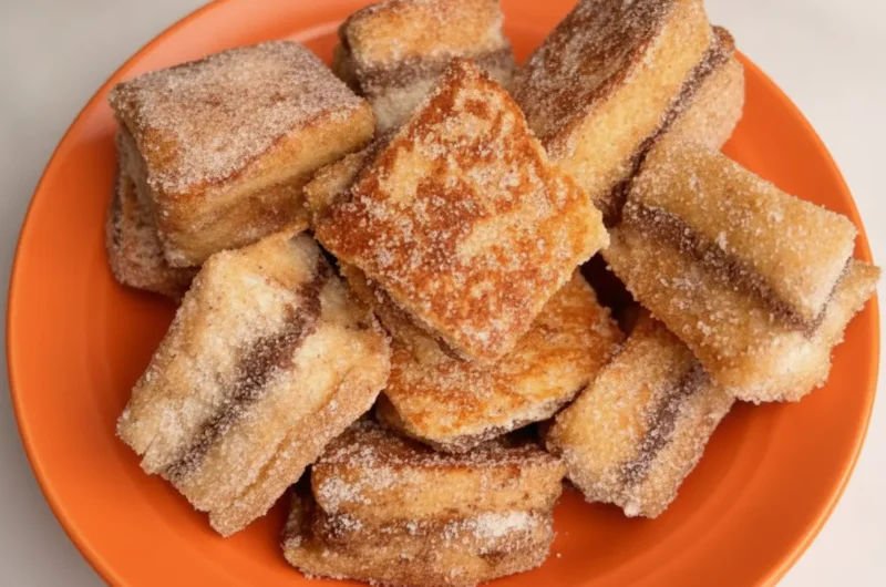 A hero shot of a white ceramic bowl overflowing with golden brown French Toast Bites, heavily coated in glistening cinnamon sugar, showing distinct layers of Nutella and Biscoff filling in the centers, placed on a white marble countertop with a jar of Nutella and a jar of Biscoff blurred in the background, warm morning light from an east window, soft shadows, 4:3 aspect ratio.