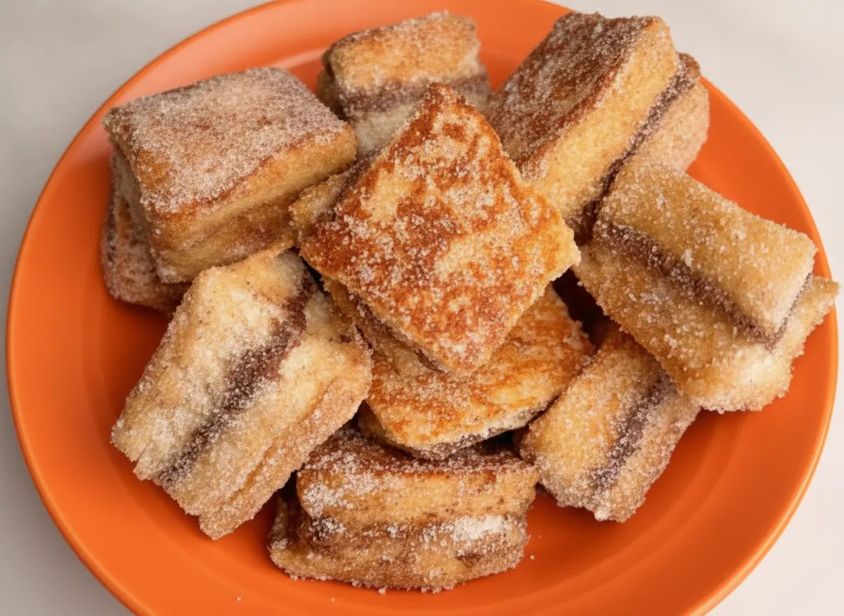 A hero shot of a white ceramic bowl overflowing with golden brown French Toast Bites, heavily coated in glistening cinnamon sugar, showing distinct layers of Nutella and Biscoff filling in the centers, placed on a white marble countertop with a jar of Nutella and a jar of Biscoff blurred in the background, warm morning light from an east window, soft shadows, 4:3 aspect ratio.