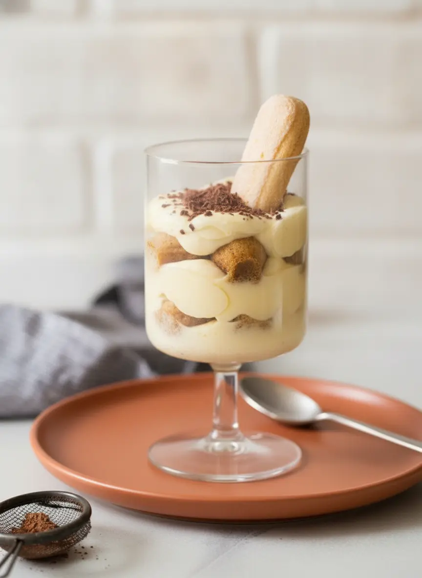 A process shot showing the technique for Tiramisu For Two. A glass tumbler is half-filled with the first layer of cream, and a handless view shows a ladyfinger biscuit being placed into the glass. The layers are clearly visible through the glass. The background features the consistent wooden cutting board and a hint of fresh herbs in a white ceramic pot.